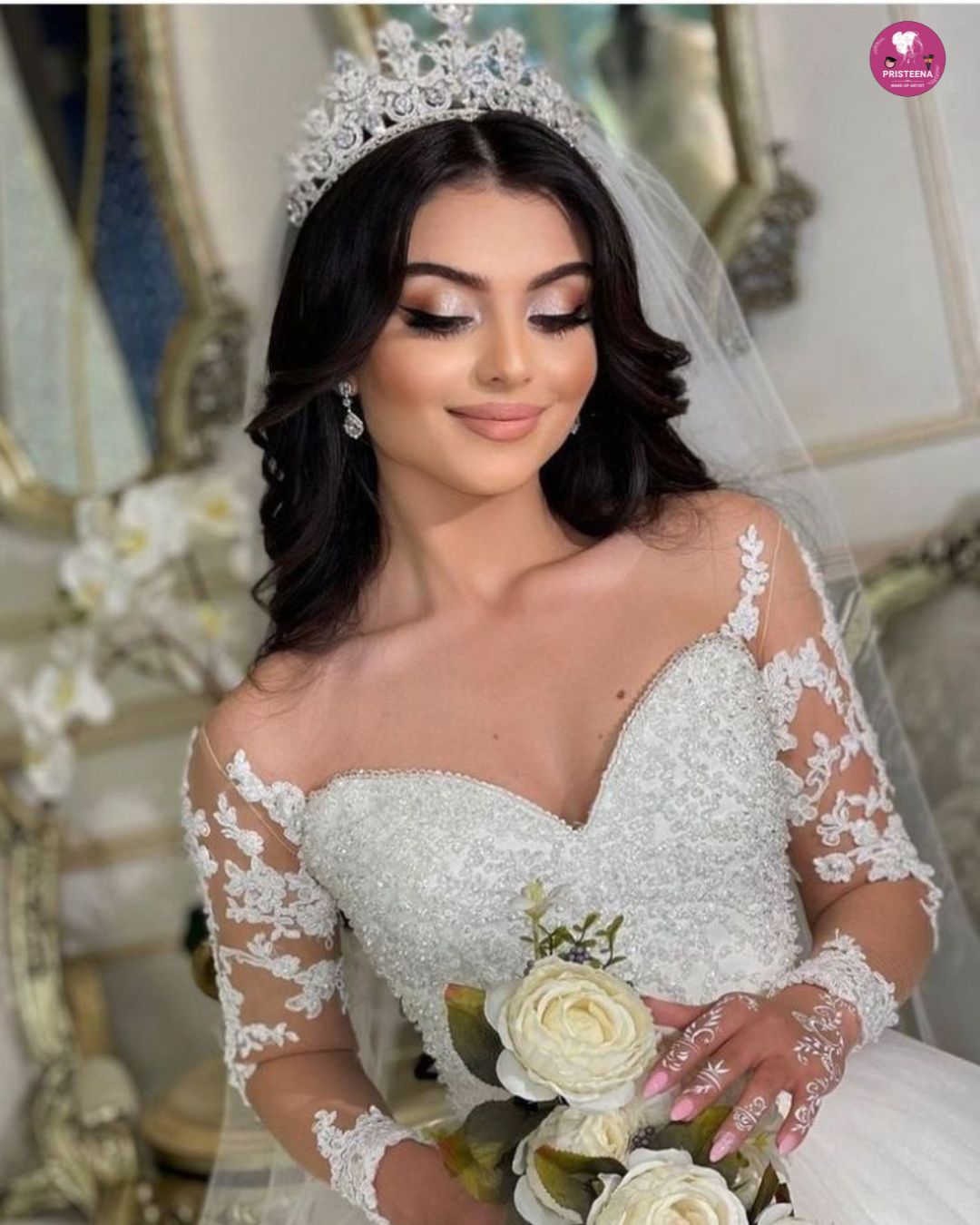 Arabic bridal makeup in Dubai with dramatic eye makeup and flawless bridal look