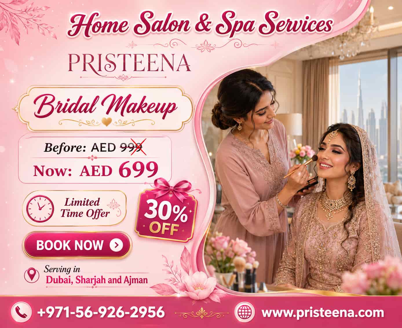Elegant bridal makeup with flawless foundation, defined eyes, and soft nude lips for a wedding day glow